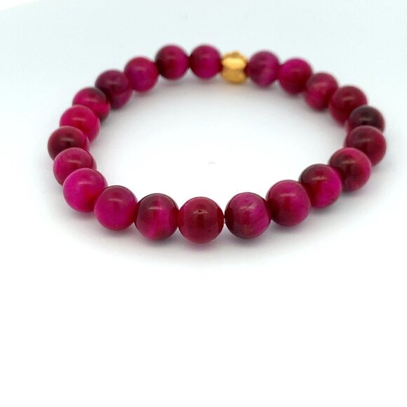 Dyed Tiger's Eye Magenta Stretchable Bracelet Size 6 with 24K Gold Money Bag - Picture 6 of 8